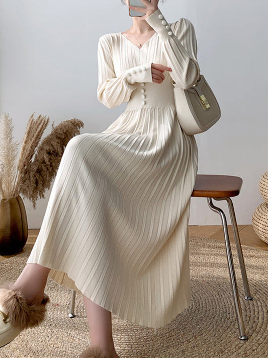 Solid Color Tied Waist Pleated Long Sleeves V-Neck Sweater Dresses
