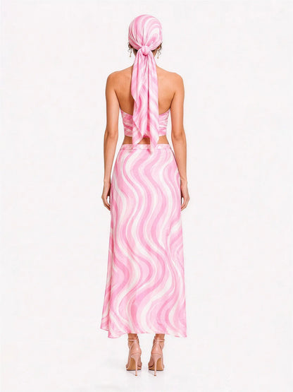Delilah Printed Satin Maxi Skirt Set with Headscarf