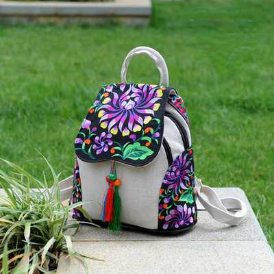 Ethnic Style New Fashion Linen Embroidery Bag Canvas Backpack Fashion Versatile Schoolbag Women'S Small Backpack