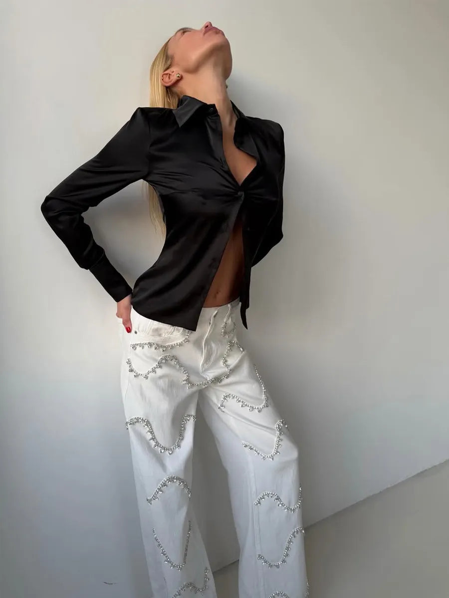 Lucienne Curved Rhinestone-Paneled Jeans