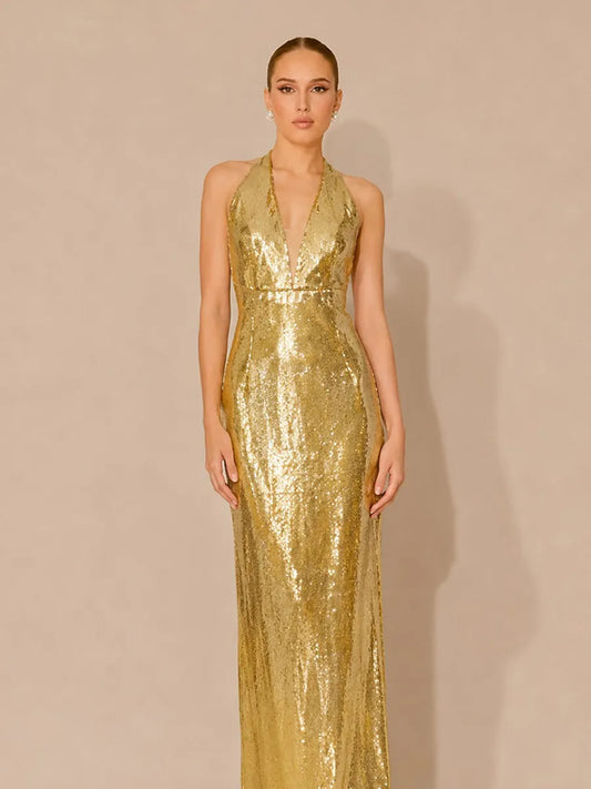 Kiara Backless Sleeveless Halter Sequin Maxi Dress