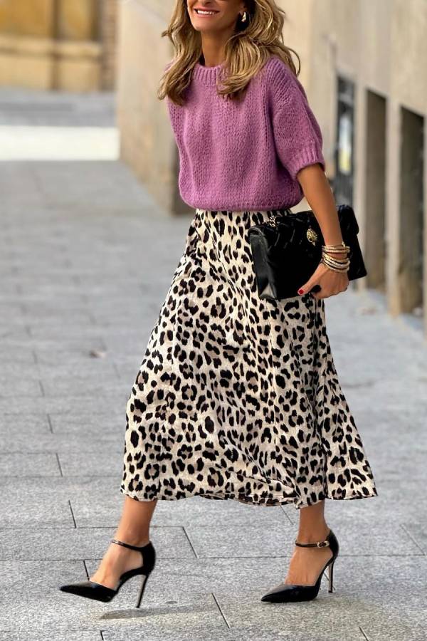 Vintage leopard print draped midi skirt