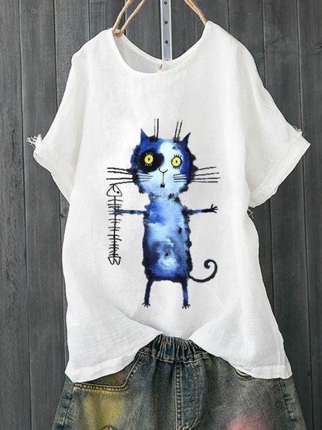 Fishbone Printing Solid Color Joker Original Artistic Crew Neck T-Shirt