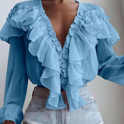 Loose-fit V-neck pullover chiffon shirt with ruffles