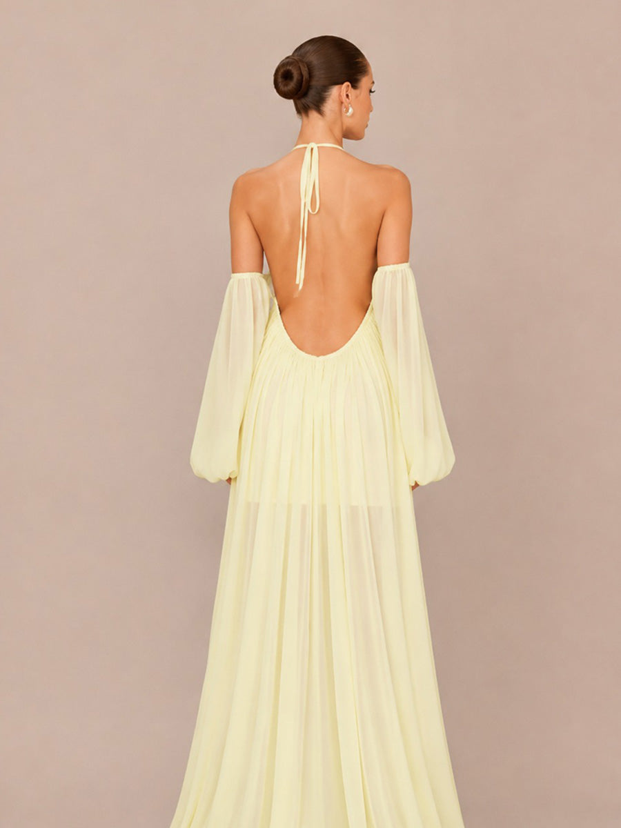 Magdalena Loose Long-Sleeve Halter Maxi Dress