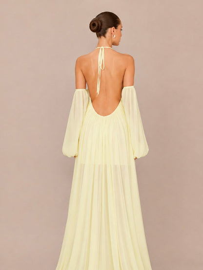 Magdalena Loose Long-Sleeve Halter Maxi Dress