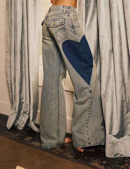 Splicing Heart Distressed Low Rise Straight Leg Jeans