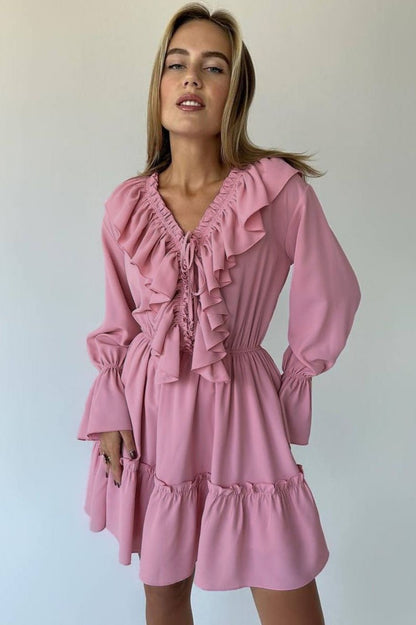 Ruffle Long Sleeve Mini Dress Lightweight Fabric