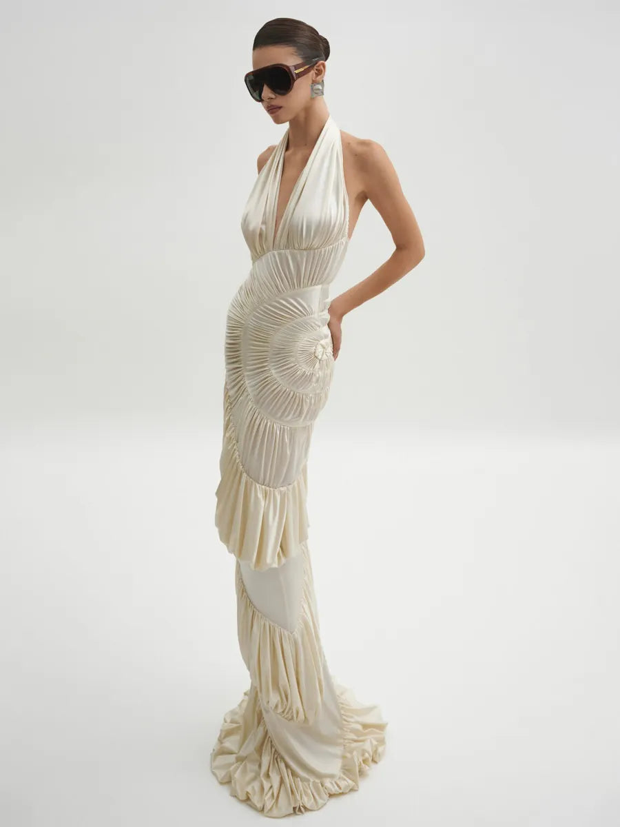 Marina Tiered Pleated Halter Maxi Dress In Ivory