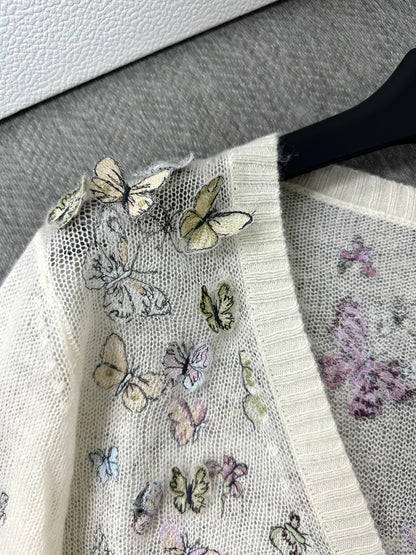 CD Butterfly Embroidered Cardigan White Alpaca Wool Cashmere 345330
