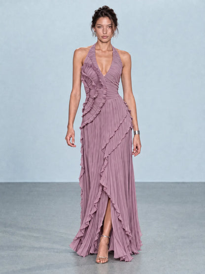Adeline Pleated Ruffle Maxi Dress In Purple