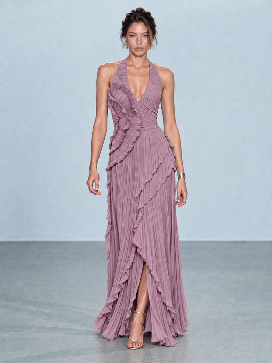 Adeline Pleated Ruffle Maxi Dress In Purple