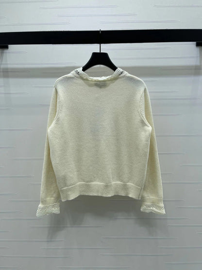 CC 26 Lace-Trimmed Knit Cardigan Cream Wool 340798