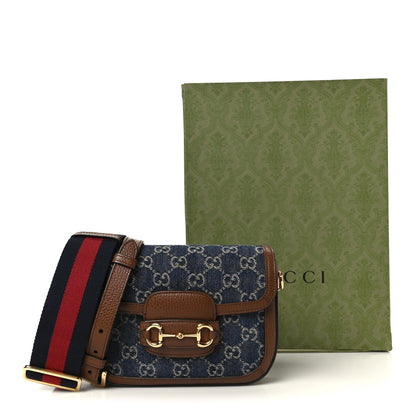 New Denim GG Monogram Dollar Calfskin Web Mini Horsebit 1955 Shoulder Bag Blue Tea Cuir Epilog