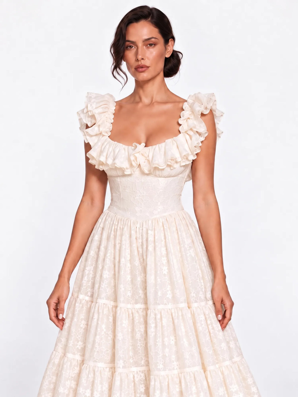 Elise Ruffled Lace-Trim Maxi Dress