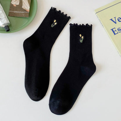 Rufia - Floral Embroidered Ruffled Mid-Calf Socks