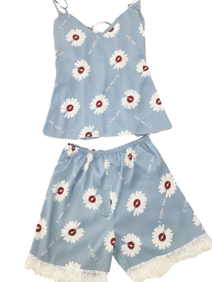 Summer Ice Silk Suit Sling Shorts Small Daisy Pajamas Lovely Fresh Sweet Two Sets Of Home Clothes Pajamas