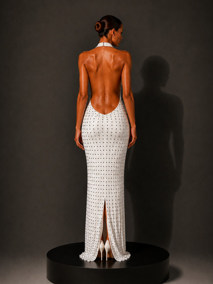 Harper Beaded Halter Backless Maxi Dress