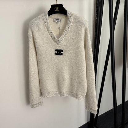 Chanel Rhinestone-Studded V-Neck Long-Sleeve White Wool Knit Sweater