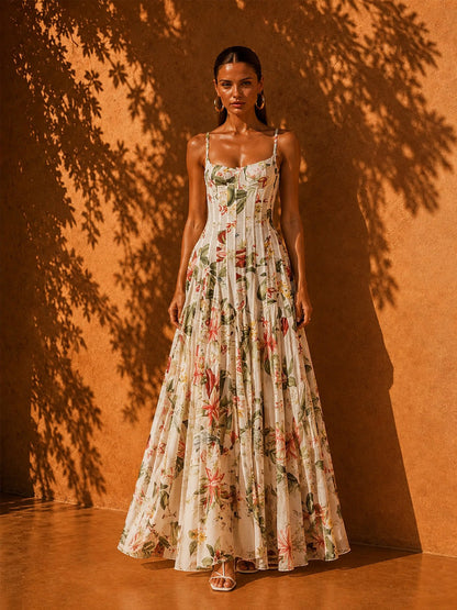Lucy Sleeveless Printed Waist-Cinching Maxi Dress