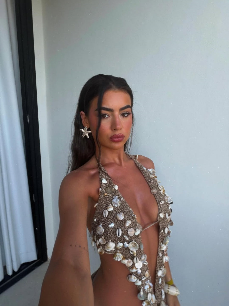 Kylie Shell-Embellished Halter Crochet Maxi Dresses