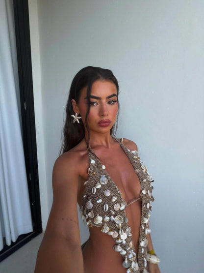 Kylie Shell-Embellished Halter Crochet Maxi Dresses
