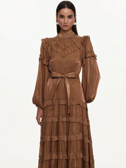 Kaia Flowy Long Sleeve Rhinestone Ruffle Woven Maxi Dress