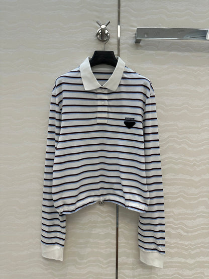 Prada Striped Long-sleeved Polo Shirt White Cotton