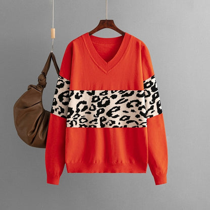 Simple V-Neck Loose Color Block Leopard Print Sweater