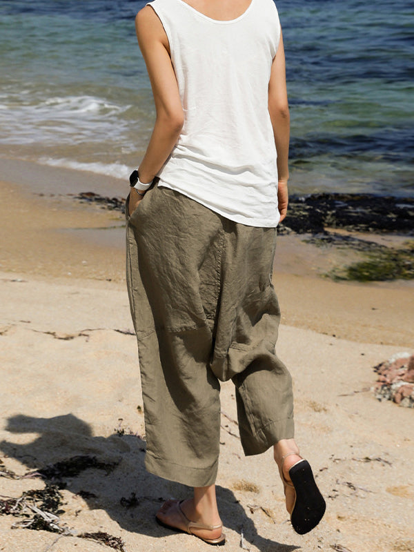 Loose Ninth Pants Elasticity Solid Color Casual Pants Bottoms