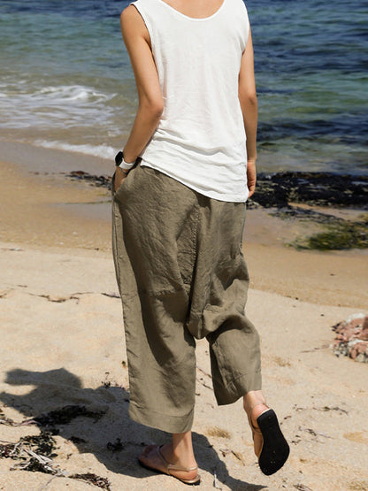 Loose Ninth Pants Elasticity Solid Color Casual Pants Bottoms