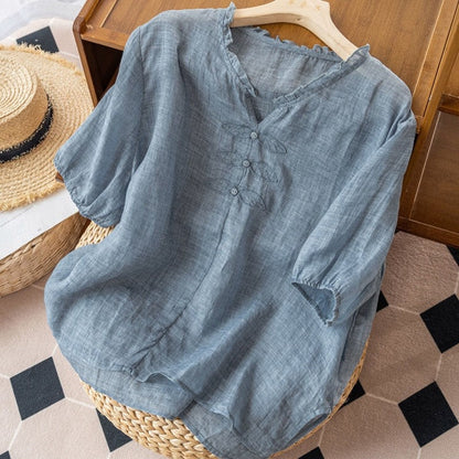 Women's Organic Cotton  V-Neck Short Sleeve Loose Shirt