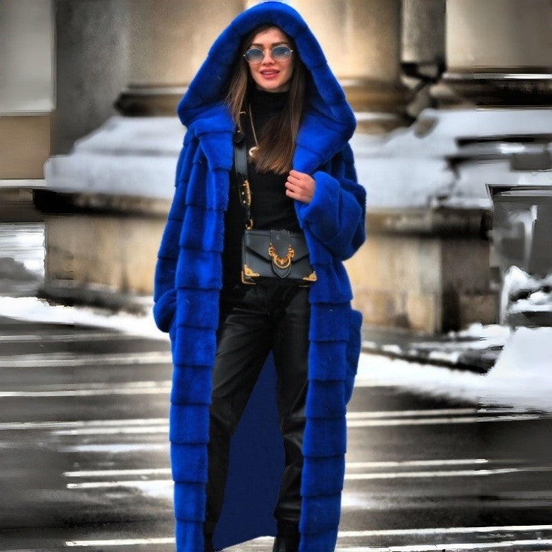 Thick Long Plush Hooded Faux Fur Coat