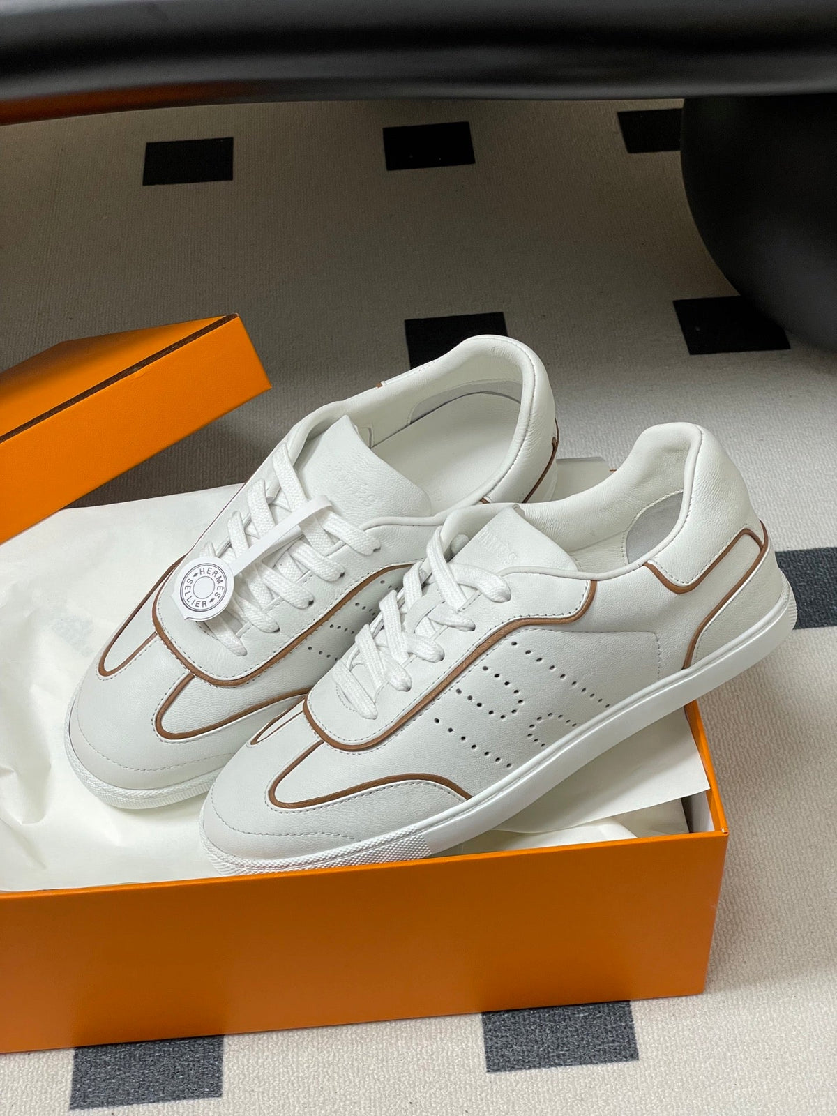 Hermes 26 Match Sneakers White Brown in Calfskin 594339
