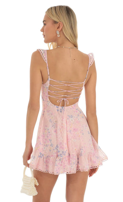 Floral Dotted A-Line Dress in Pink