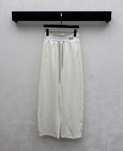 Miu Drawstring Webbing Pants White Tencel Cotton Fabric 350207