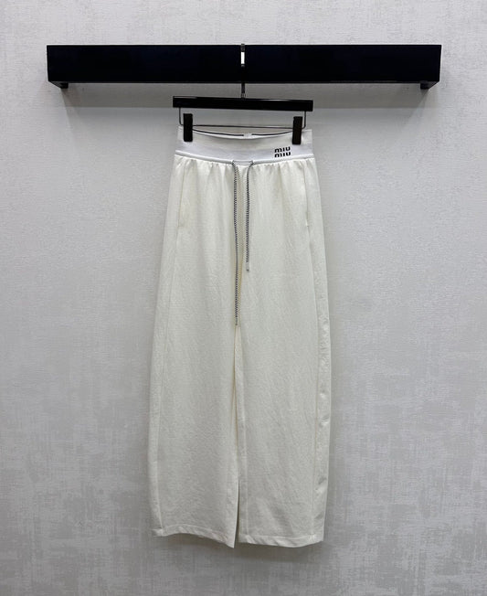 Miu Drawstring Webbing Pants White Tencel Cotton Fabric 350207