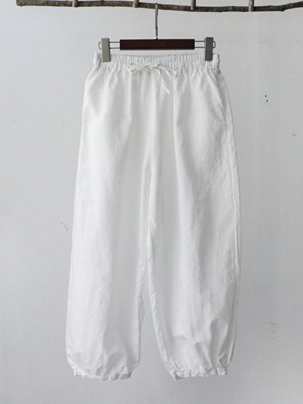 Simple Linen Solid Color Elasticity Waist Loose Knickerbockers&Capri-Pants