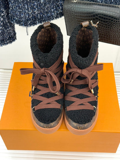 LV Cloud Lace-Up Ankle Boot Sneaker Black- Brown Shearling Monogram Canvas 572467