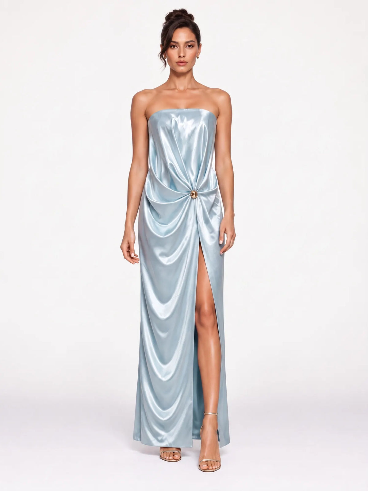 Olive Satin Pleated Strapless Maxi Dress