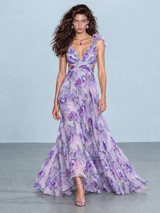 Audrey Floral Draped Maxi Dress In Purple