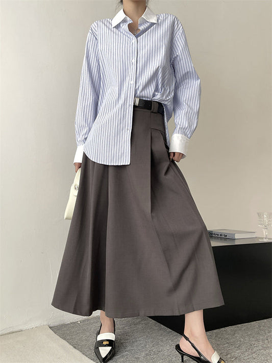 Irregular Clipping Pleated Split-Joint Striped Lapel Blouses
