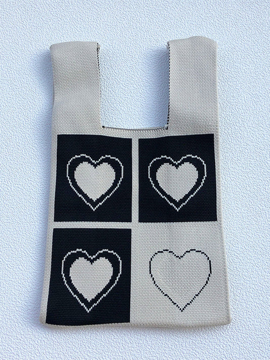 Color-Block Contrast Color Heart Print Woven Bags Handbags