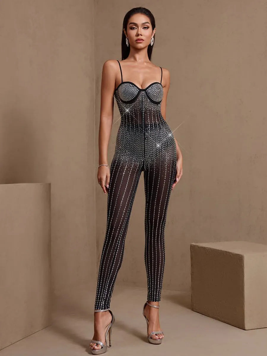 Liliana Sexy Corset Rhinestone Gauze Jumpsuit