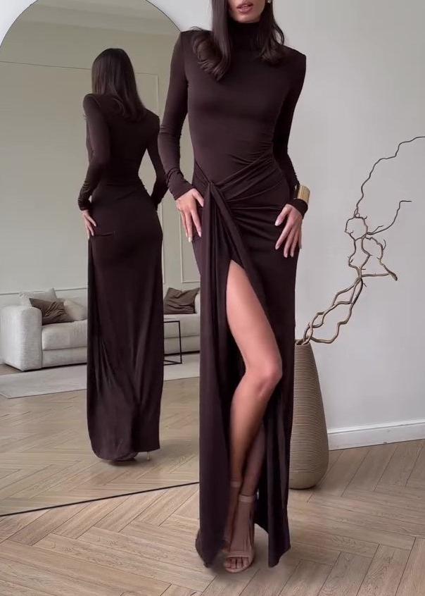 Maxi Dress Brown Stretchy Fabric Slit Design