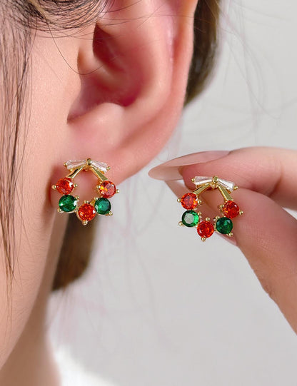 Elegant Christmas Wreath Rhinestone Stud Earrings