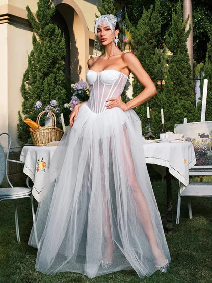 Eddard Strapless Corset Mesh Maxi Dress