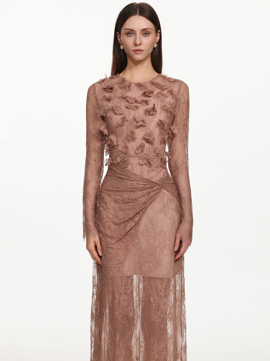 Augusta Flowy Long Sleeve Twist Floral Lace Maxi Dress