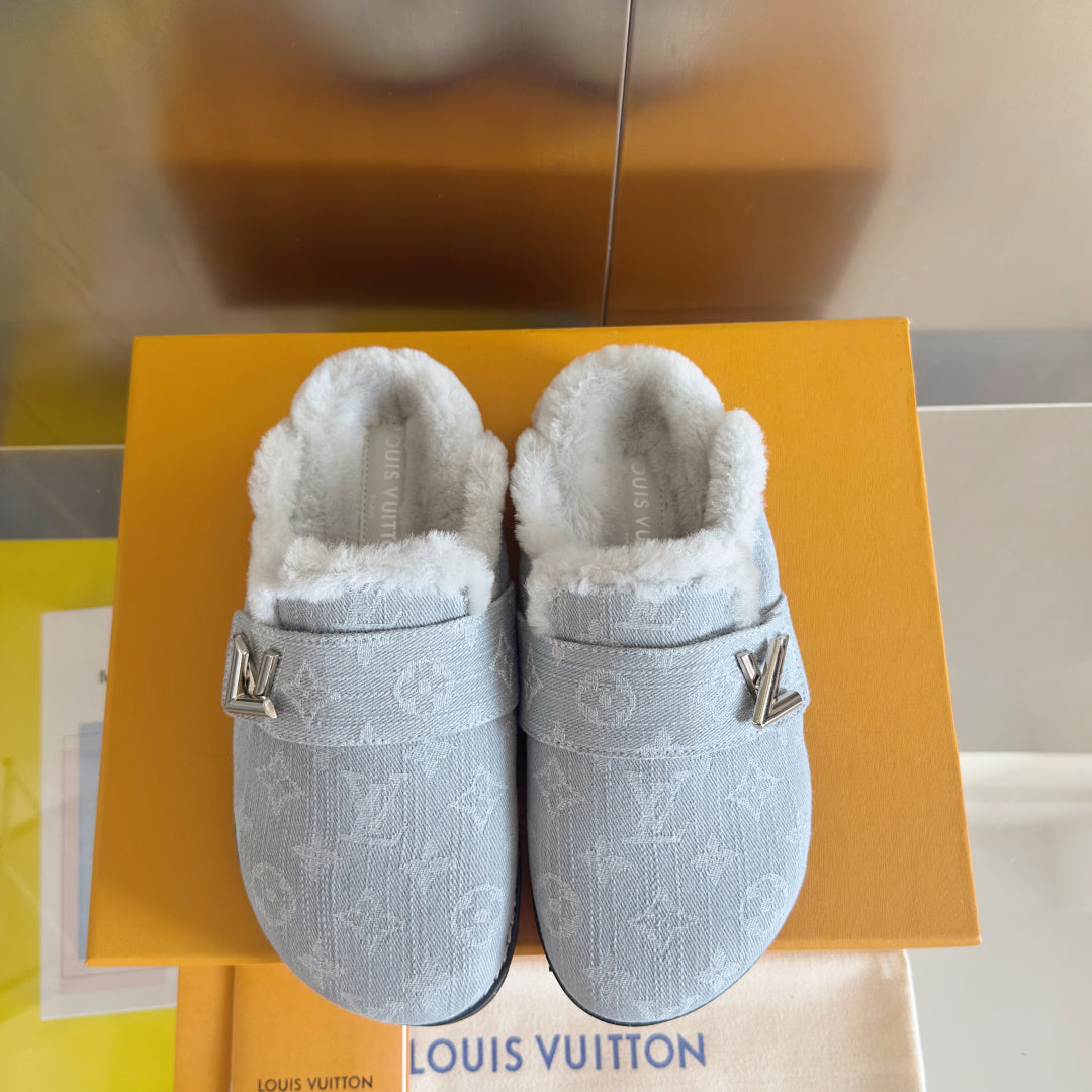 LV 25 Birkenstock Platform Slippers Light Gray Denim Wool 576221