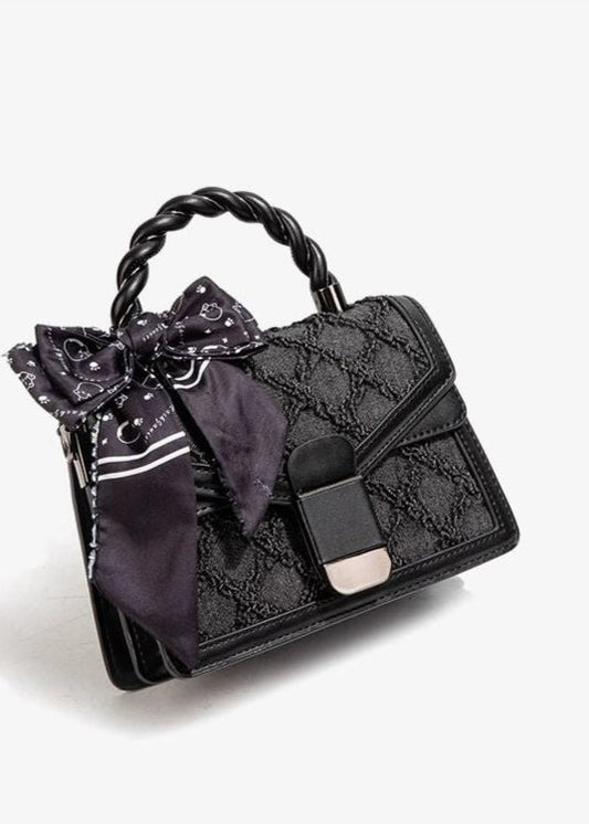 Textured Faux Leather Mini Handbag With Printed Bow